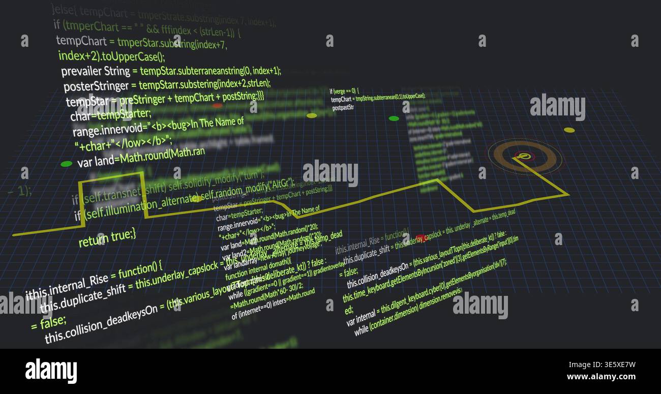 Floating stacked angled code panels traversing dark 3D grid plane, with yellow path and target node Stock Photo
