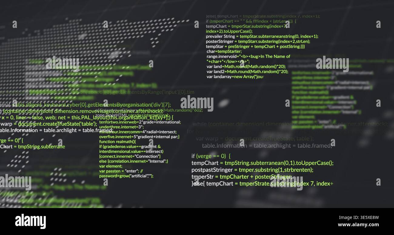 Displaying centered monospaced source code block on editor screen, showing green white tokens Stock Photo