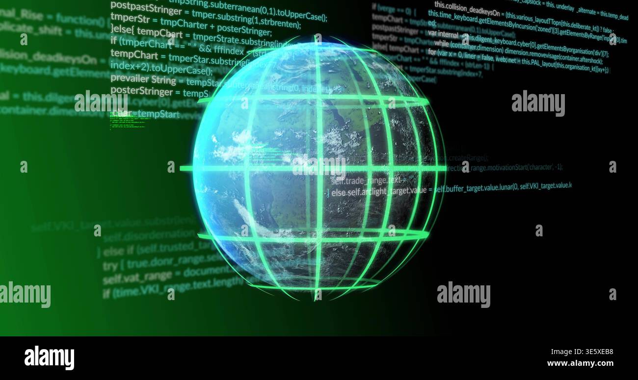Rotating holo globe showing Earth with neon-green grid in virtual interface, with floating code Stock Photo