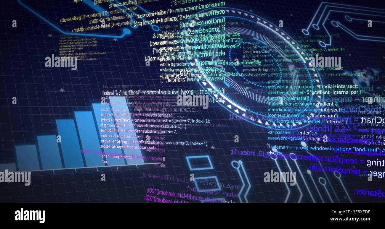 Projecting hologram brain streaming nodes and scrolling code over grid plane, with bar chart Stock Photo