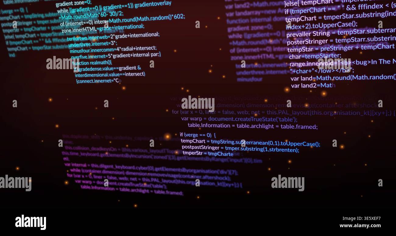 Floating monospace JS code panels in dark gradient, showing orange bokeh and cyan highlights Stock Photo