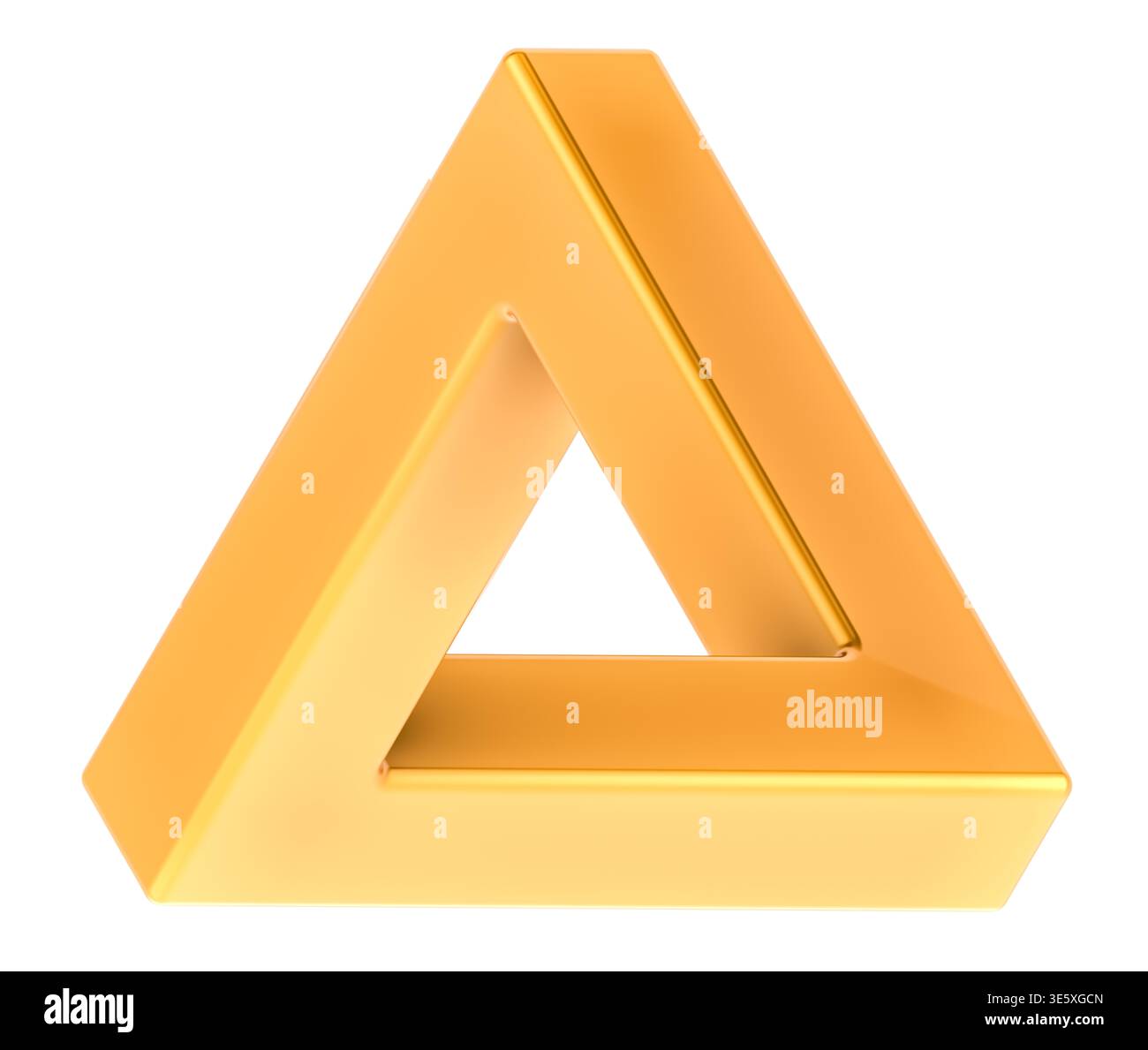 Golden Penrose triangle impossible, optical illusion and paradox, 3d rendering isolated on white background Stock Photo