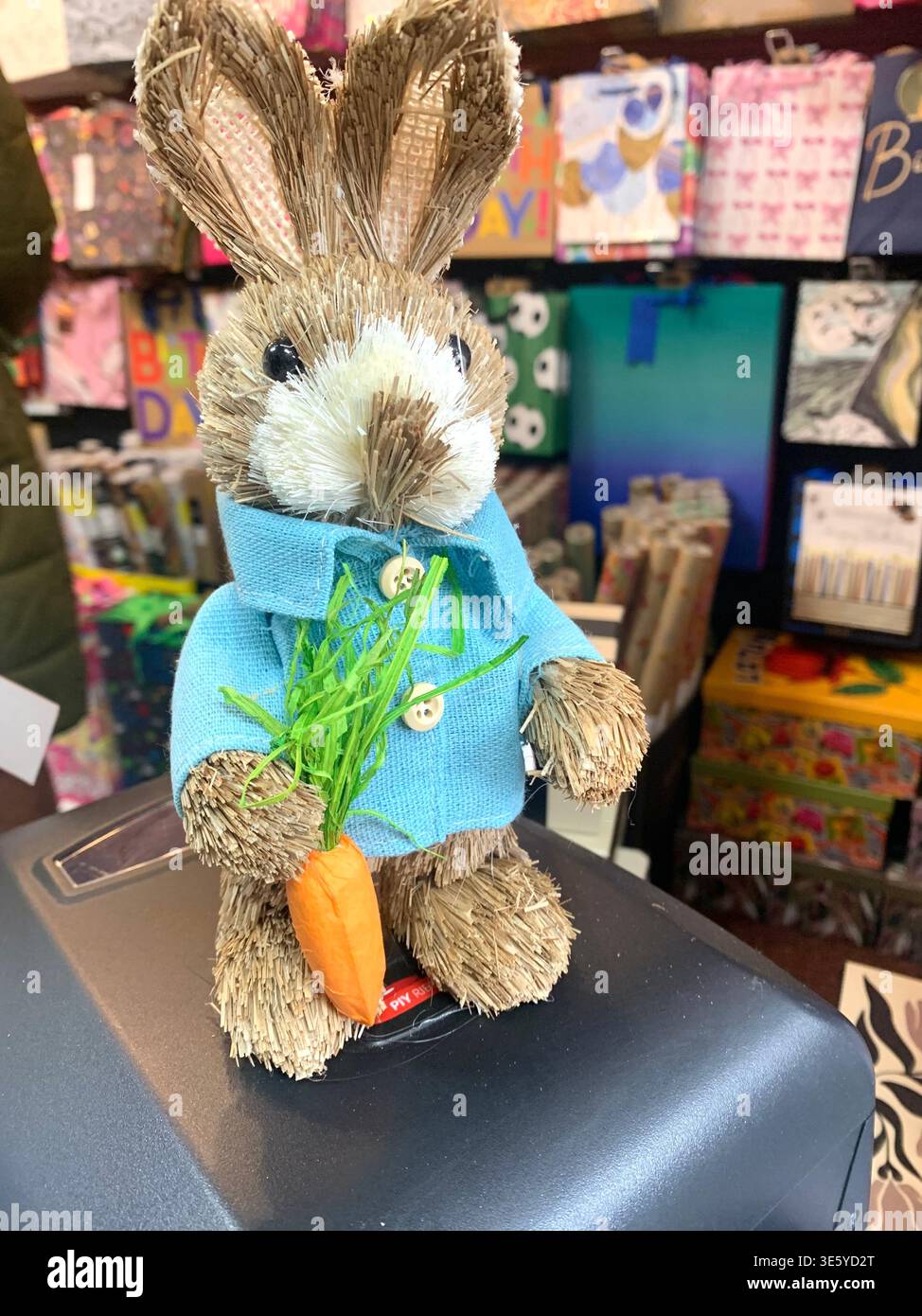 Bunny rabbit in Olney village England on the the village green in a small English town centre with shoppers and local businesses in the background - Smartphone Captured Stock Image