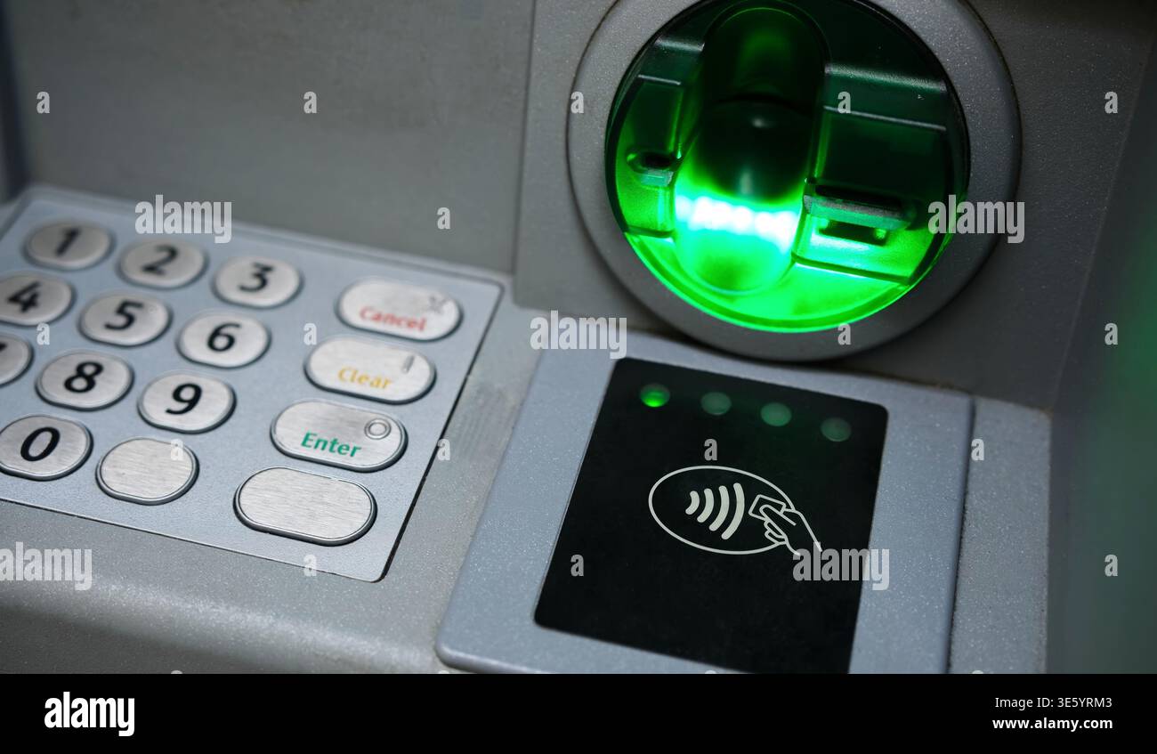 ATM Blinking A Green Light And Ready To Work With Your Card Stock Photo