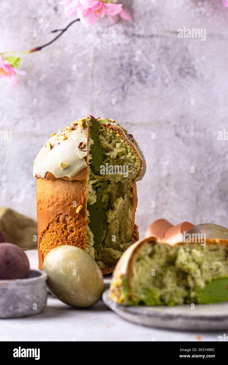 Traditional Easter cake kulich with pistachio Stock Photo