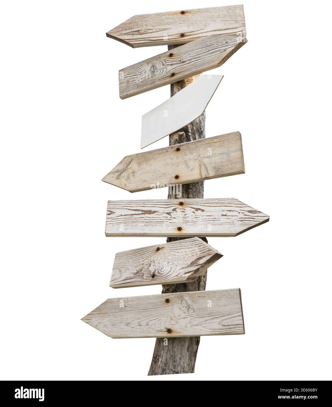 Signpost with blank arrows. Directional sign wooden arrow isolated on white background copy spase. Travel direction signboard. Stock Photo