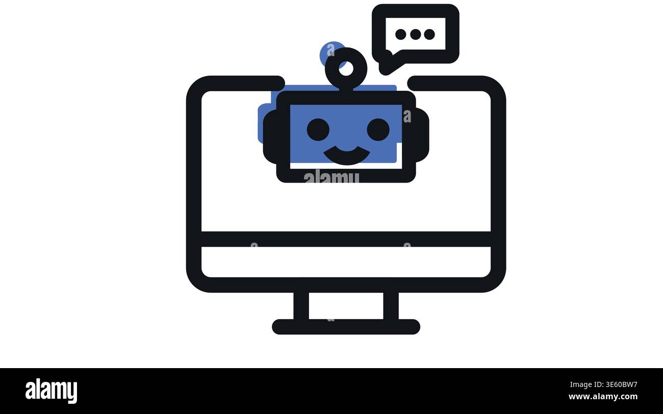 AI Chatbot and customer support icon: desktop computer with friendly robot Stock Vector