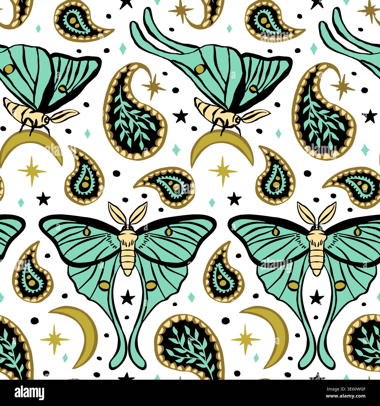 Cream and teal seamless pattern with celestial luna moth and paisley motif Stock Vector