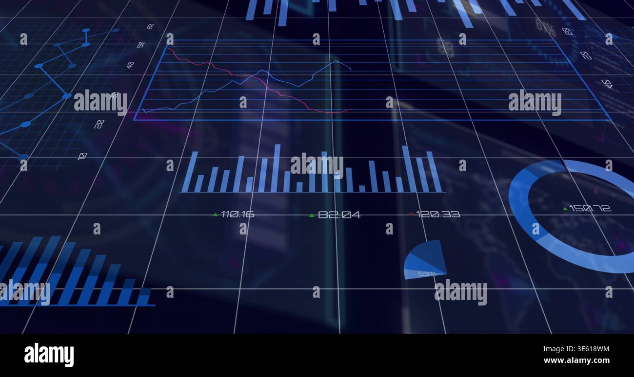 Displaying central blue bar chart with multi-line plot on virtual dashboard with donut fragment Stock Photo
