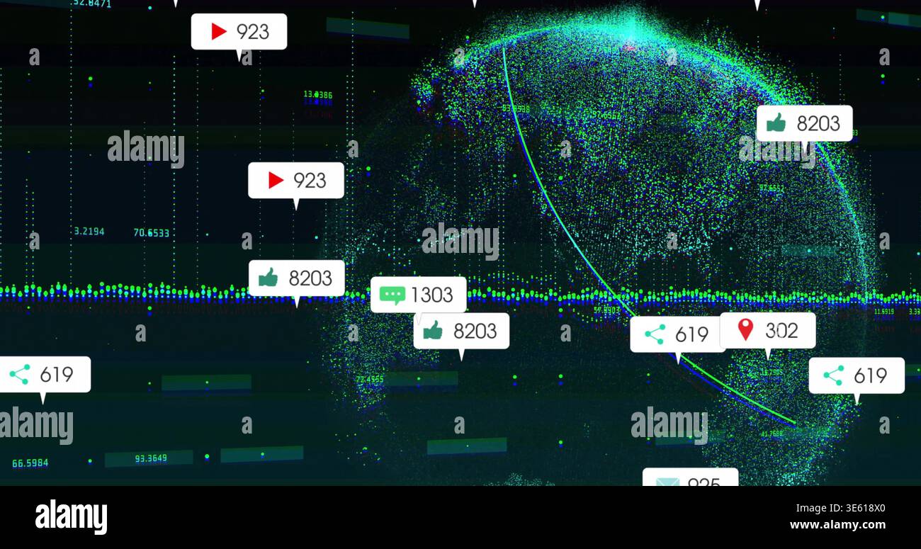 Animating point-cloud globe pulsing on right in virtual dashboard, with waveform and counters Stock Photo