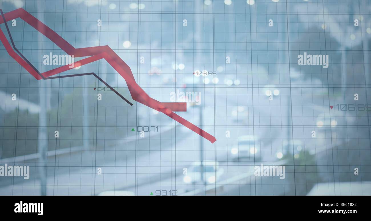 Displaying red descending graph and thin dark line over blurred city street with grid and labels Stock Photo
