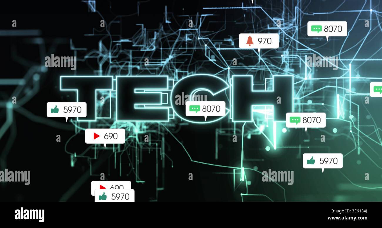 Glowing large TECH word hovering in network, showing floating notification badges and circuits Stock Photo