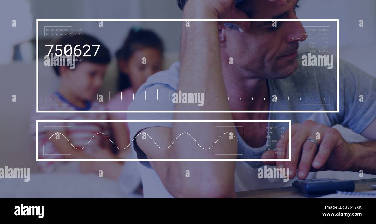 Calculating man leaning on left hand in living room wearing gray tee using calculator HUD 750627 Stock Photo