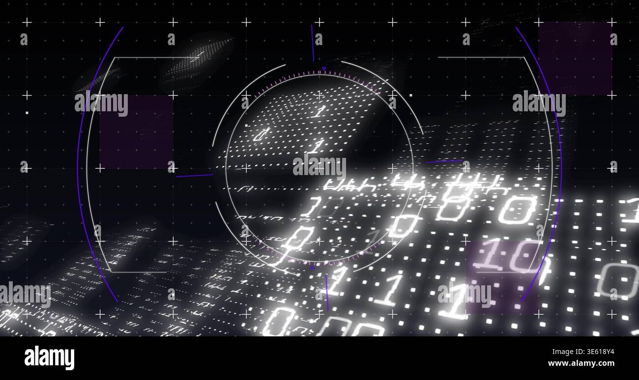 Pulsing central circular HUD reticle floating over virtual interface, with glowing binary digits Stock Photo