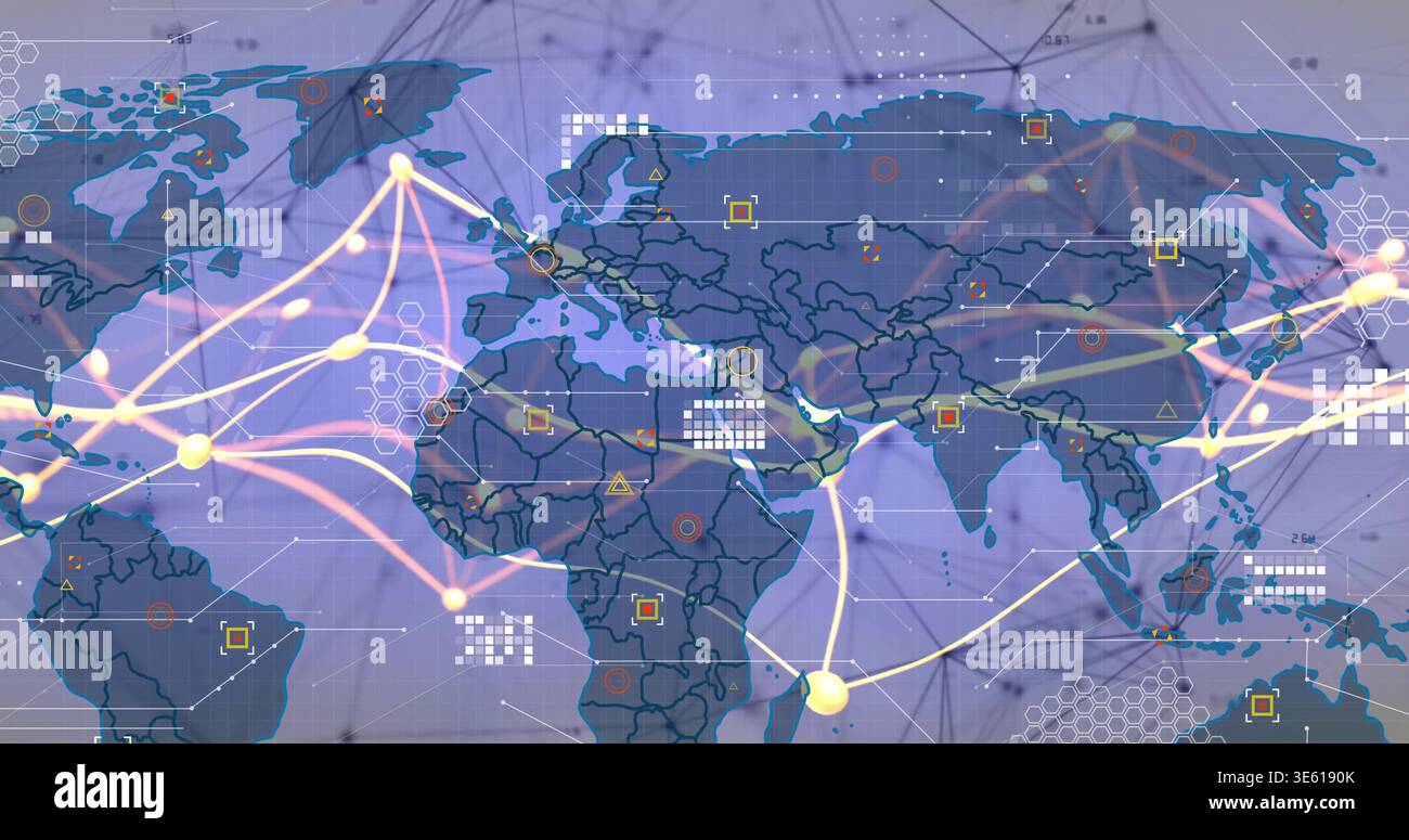 Displaying stylized global map on digital interface, showing glowing nodes, curved arcs, widgets Stock Photo