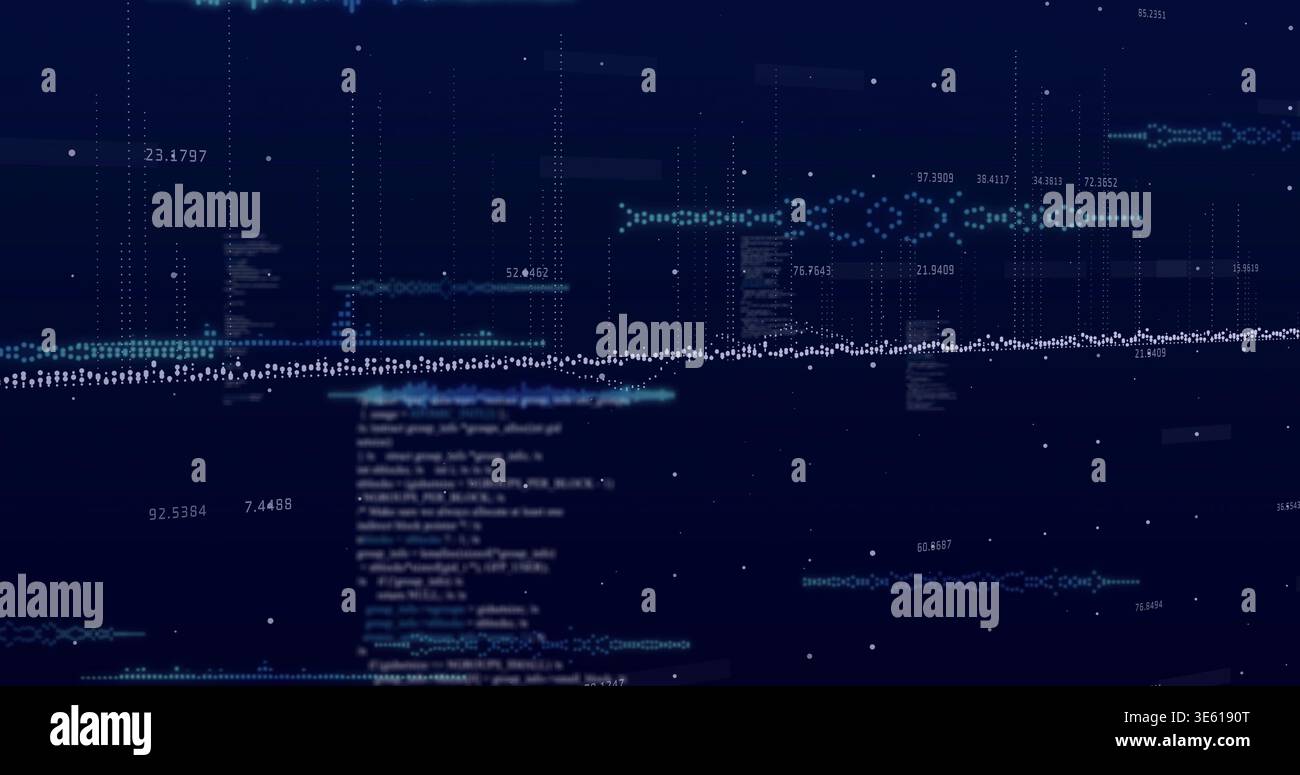 Displaying central dotted waveform moving across dark navy data dashboard, with vertical grid lines Stock Photo