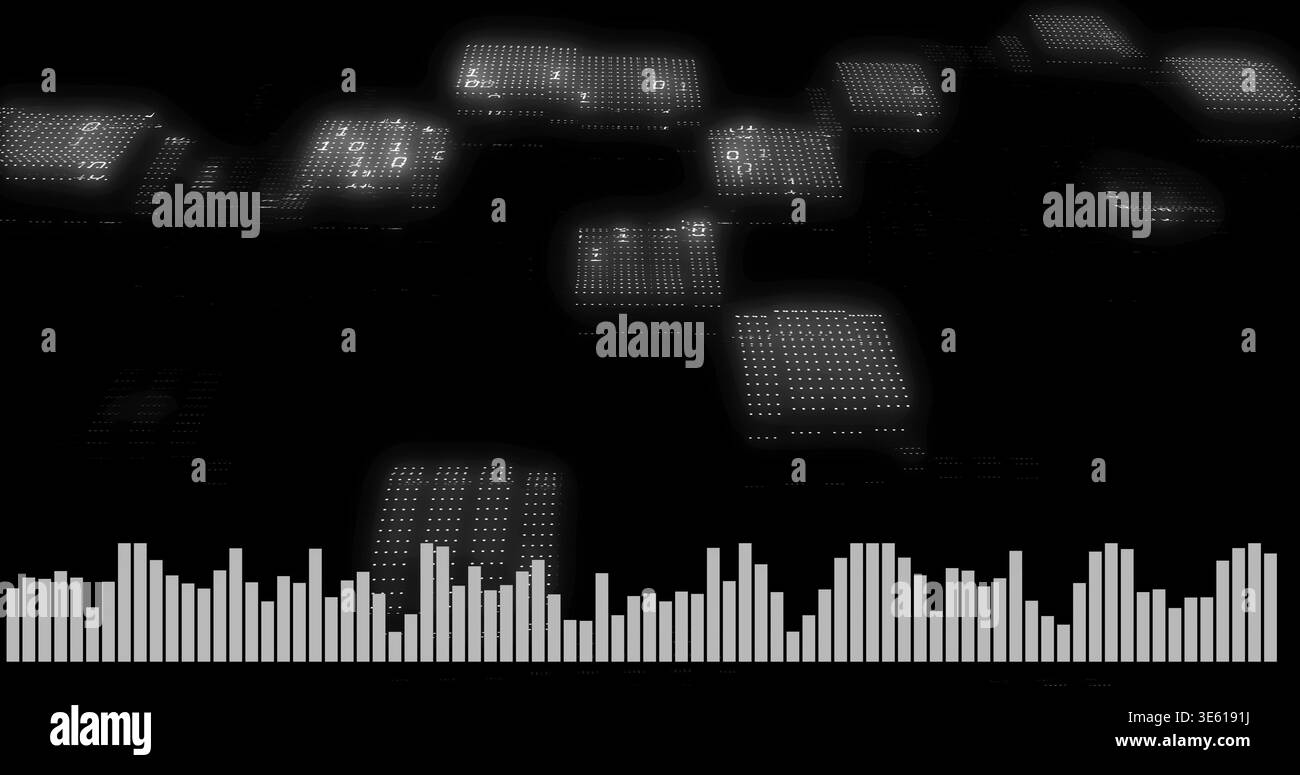 Displaying central audio visualizer pulsing in dark digital space, with glowing dotted panels Stock Photo