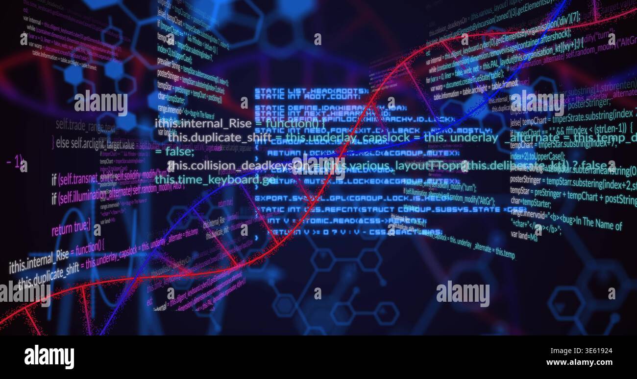 Twisting DNA-like helix weaving through programming code in cyberspace, hexagonal grid glowing Stock Photo