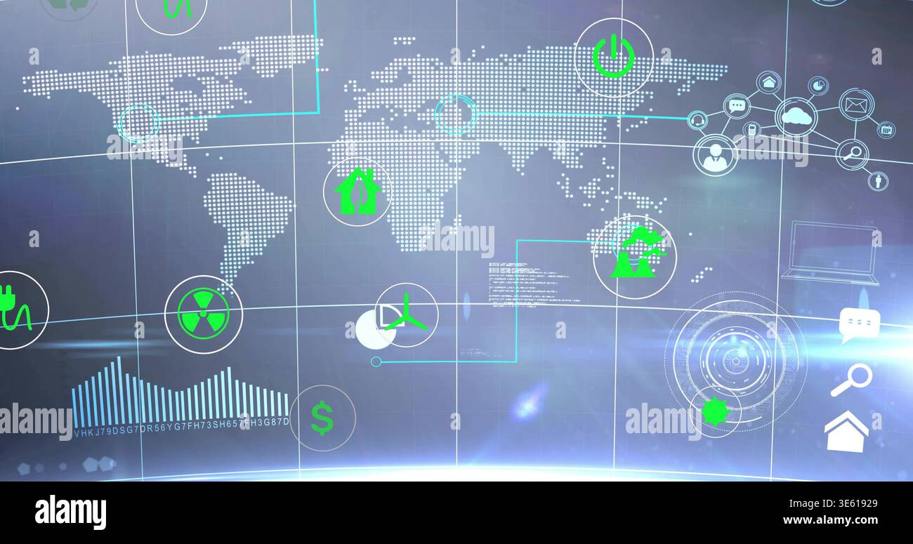 Displaying dotted global map on curved display, showing power and renewable icons, connectors Stock Photo