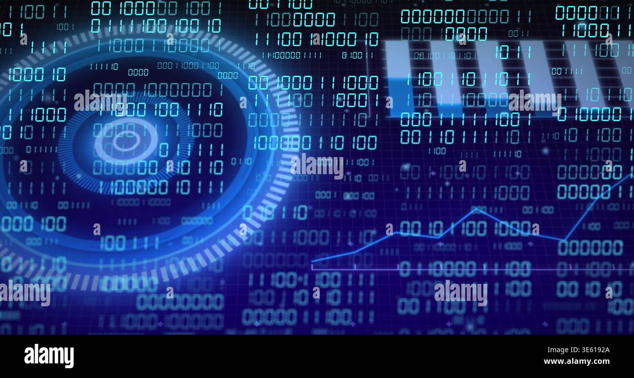 Displaying HUD-like circular interface rotating, scanning on digital dashboard with binary streams Stock Photo