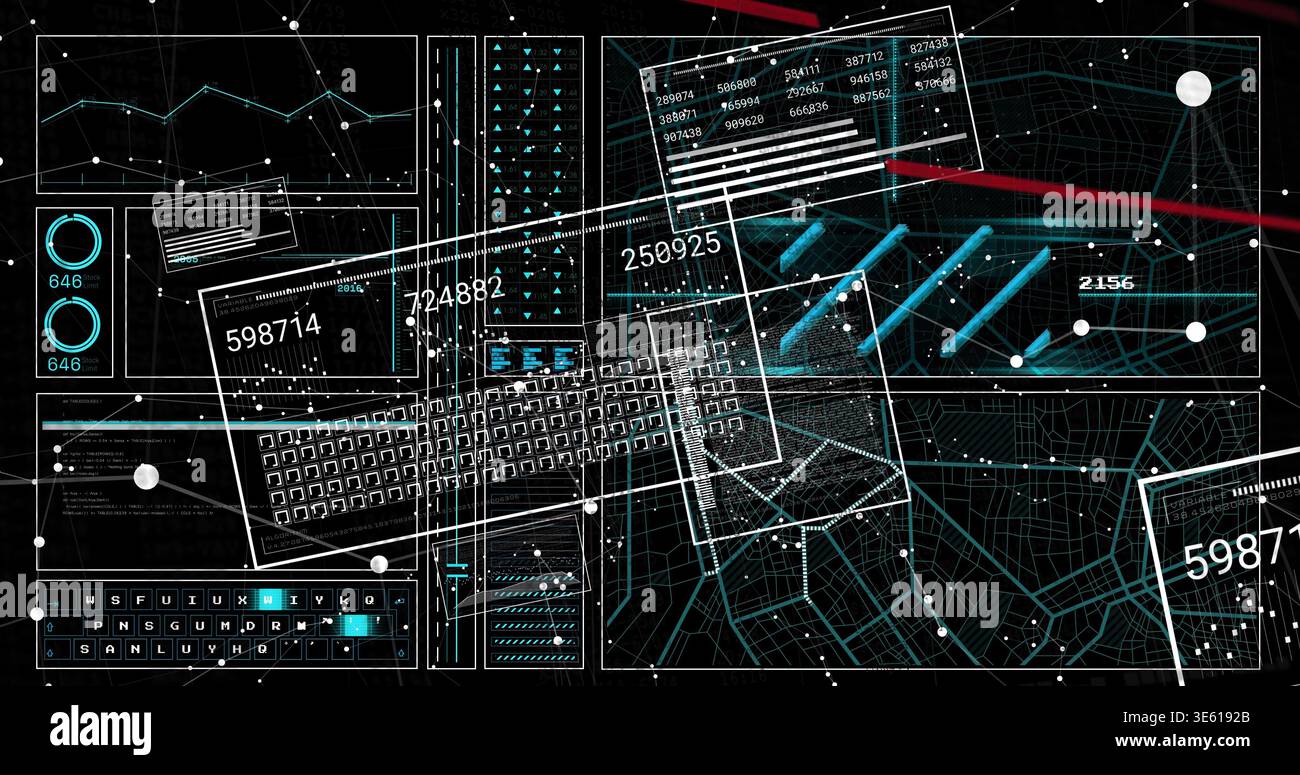 Displaying hologram dashboard showing translucent panels, wireframe map, numeric labels on console Stock Photo