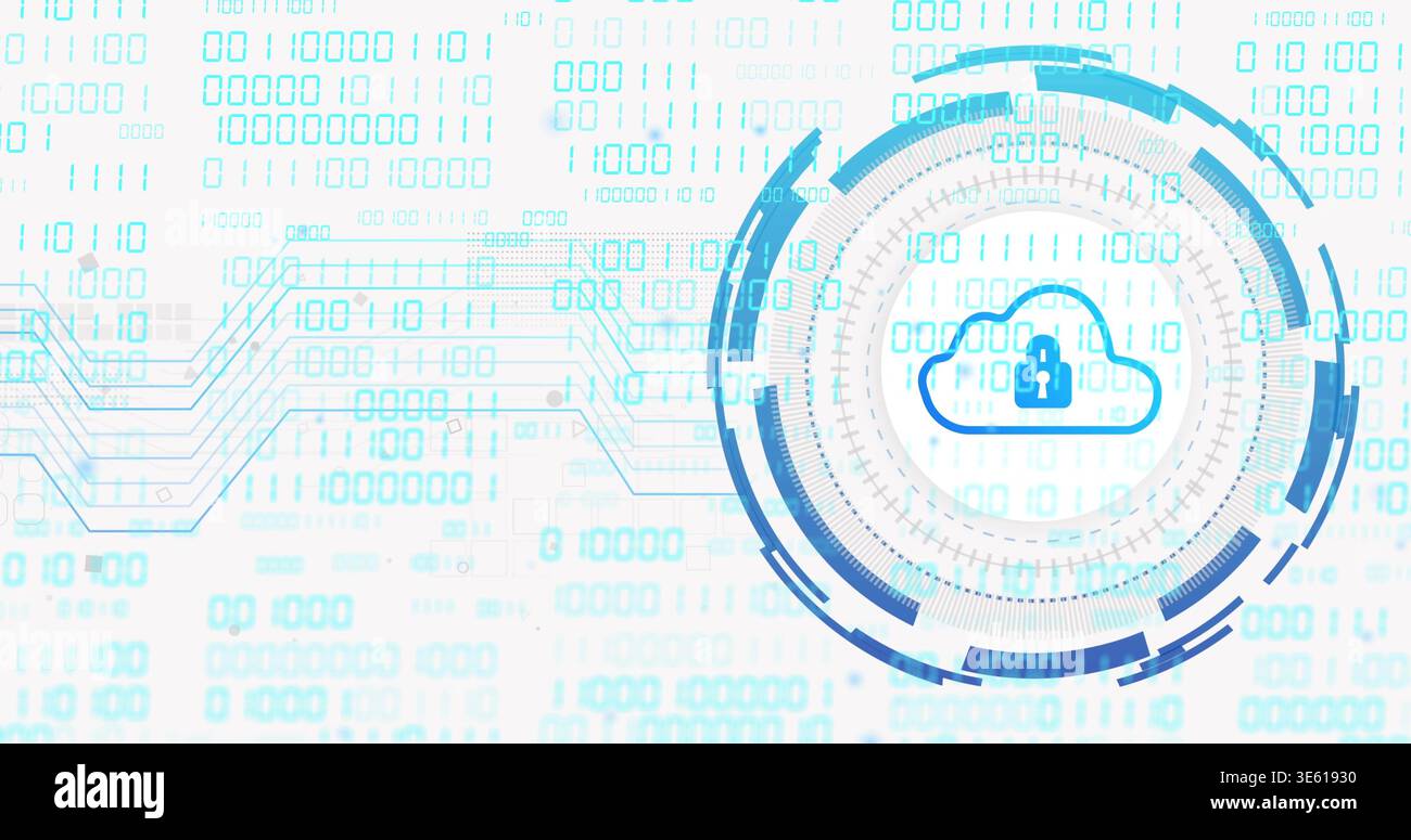 Displaying central circular HUD containing locked cloud at right, showing binary code, copy space Stock Photo
