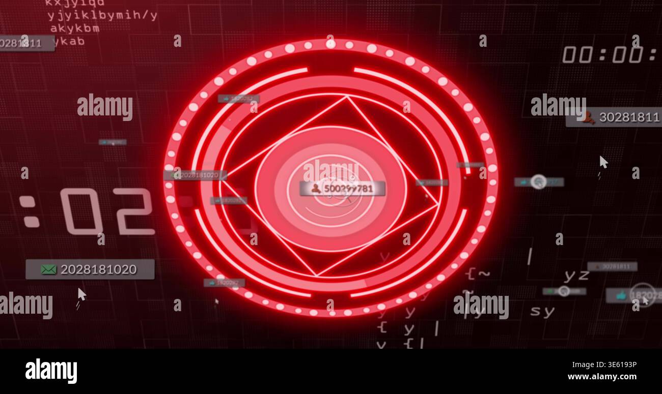 Displaying central red HUD glowing over dark grid UI, showing floating ID labels, cursor, timer Stock Photo