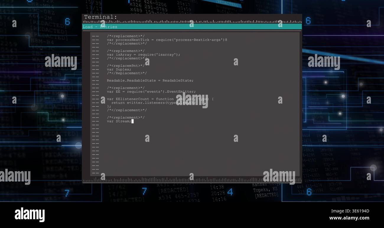 Displaying centered terminal window showing monospaced code with Terminal: title bar, caret cursor Stock Photo