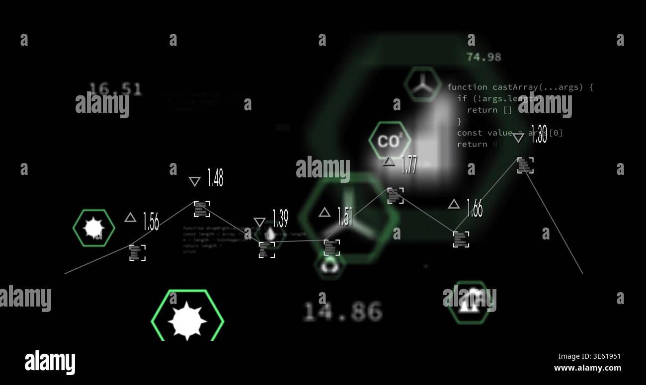 Displaying centered green hex node network on black dashboard, showing numeric labels, code text Stock Photo