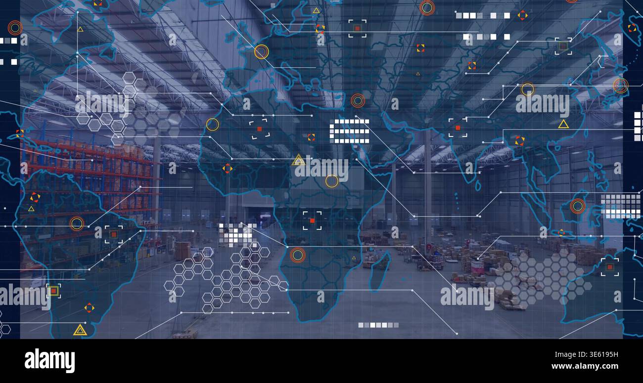 Displaying digital world map overlay over warehouse interior, with red racking, stacked pallets Stock Photo