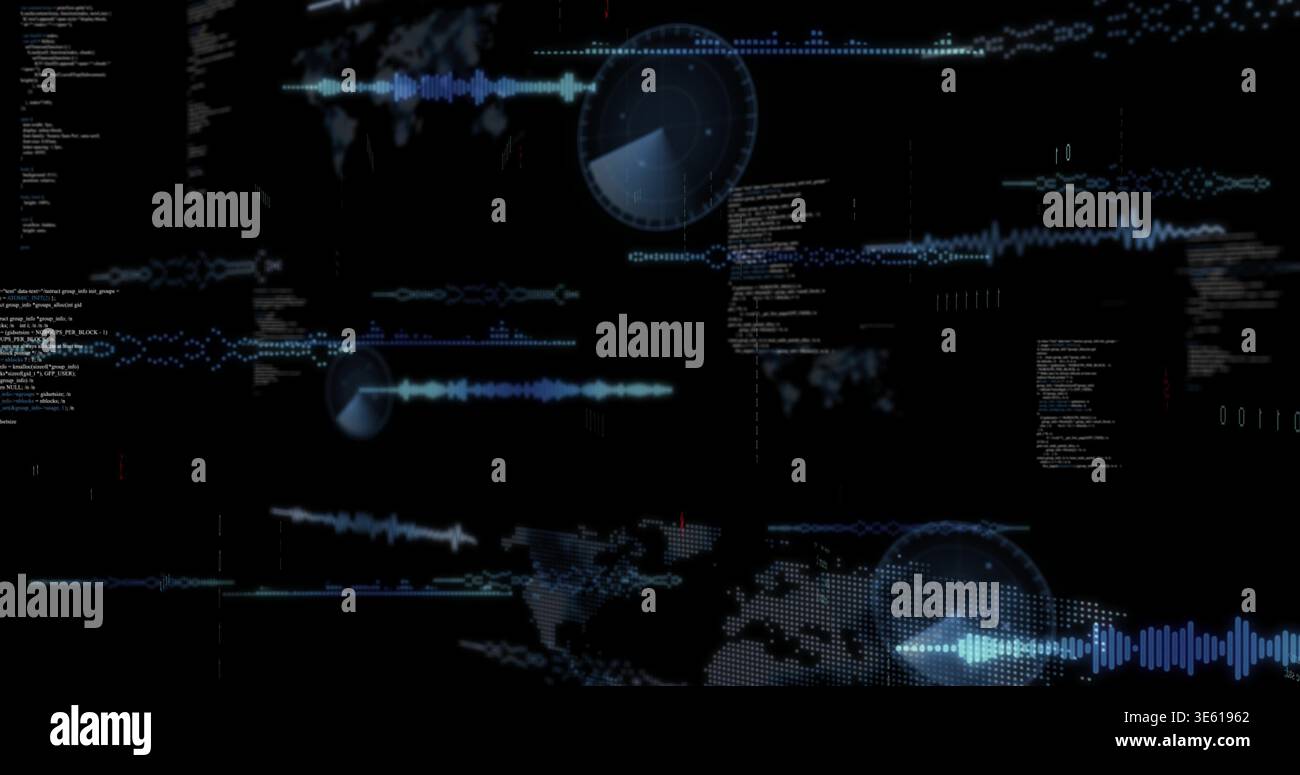 Displaying digital HUD with waveform traces, radar circles, dotted world map on virtual console Stock Photo