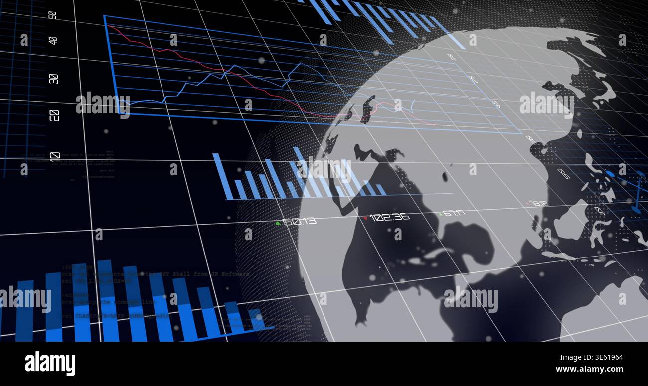 Hovering translucent 3D globe occupying right frame over perspective grid, showing blue bar charts Stock Photo
