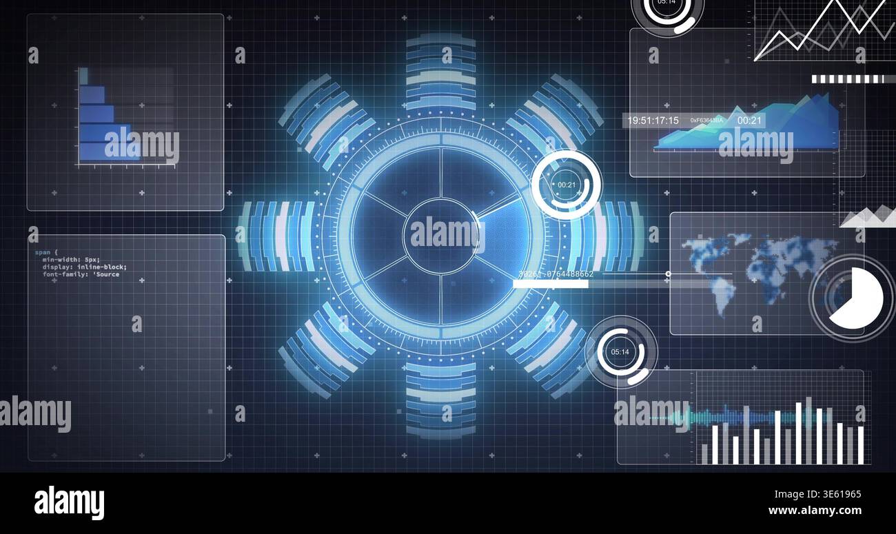 Displaying central circular interface hub pulsing on navy grid, with clear panels and dial widgets Stock Photo