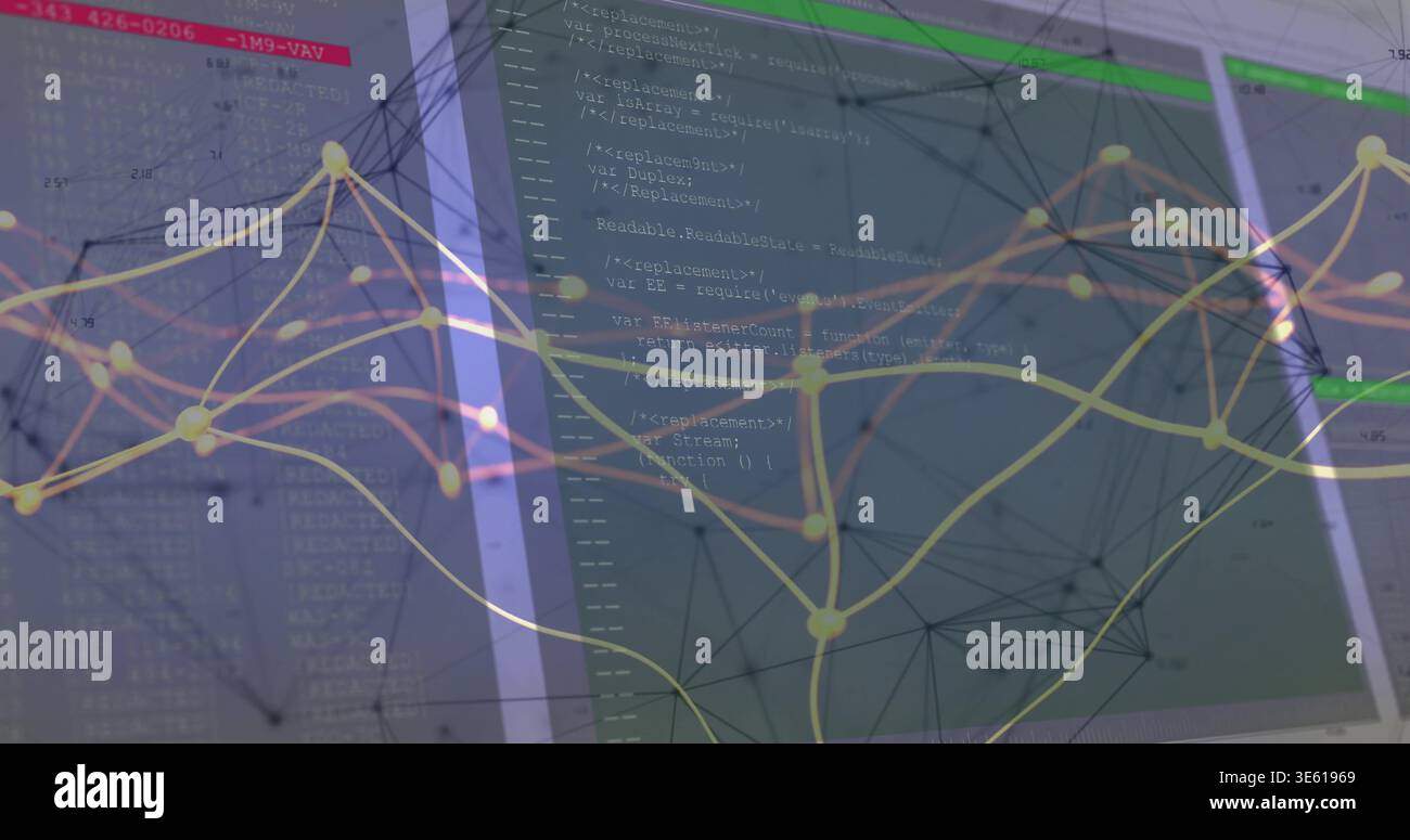 Displaying two wide monitors showing code and terminal at developer desk, with network mesh Stock Photo