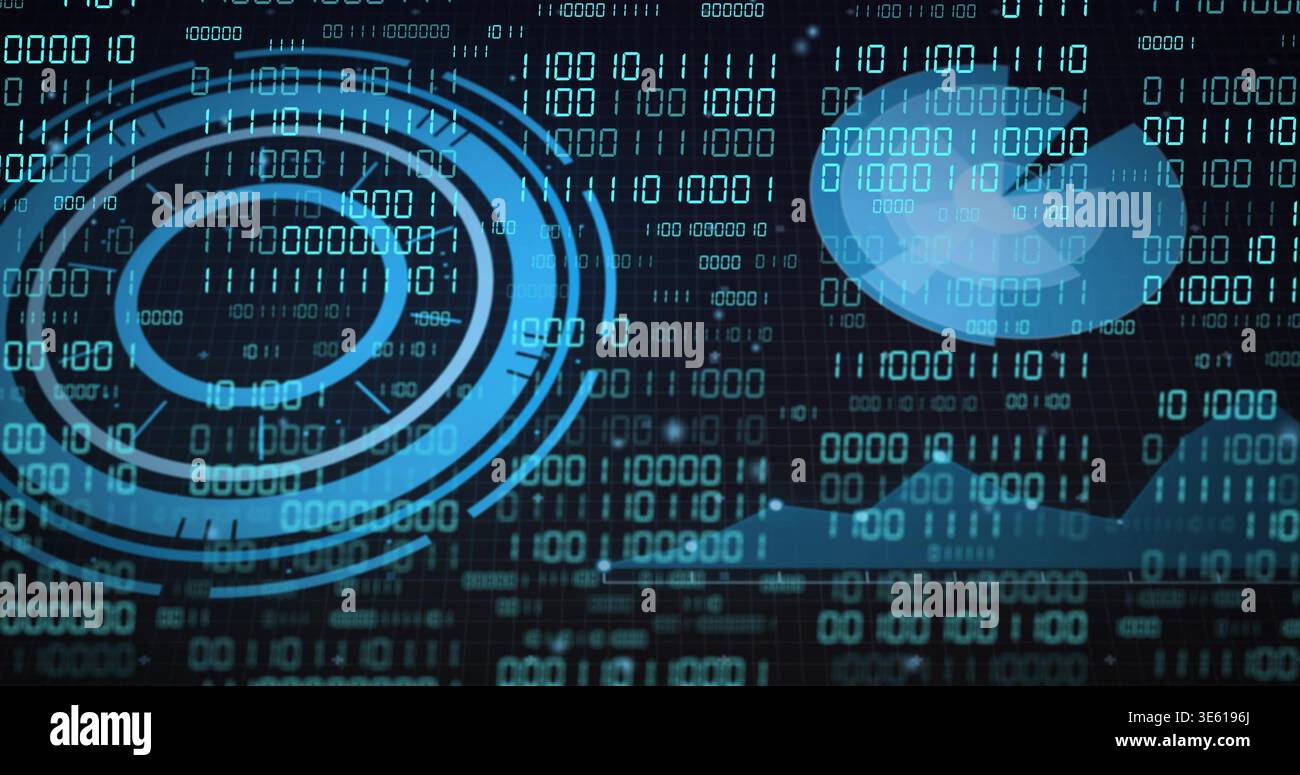 Displaying ringed HUD left on grid UI with scrolling binary, faint globe, waveform, copy space Stock Photo