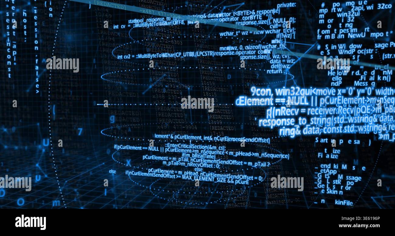 Glowing central cluster of floating code panels pulsing inside 3D tunnel, with wireframe grid Stock Photo