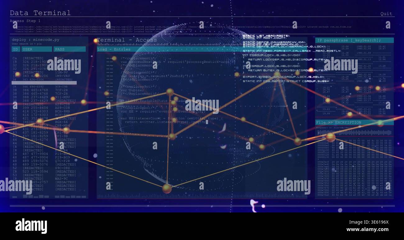 Displaying central wireframe globe rotating over virtual terminal, showing gold nodes, orange lines Stock Photo