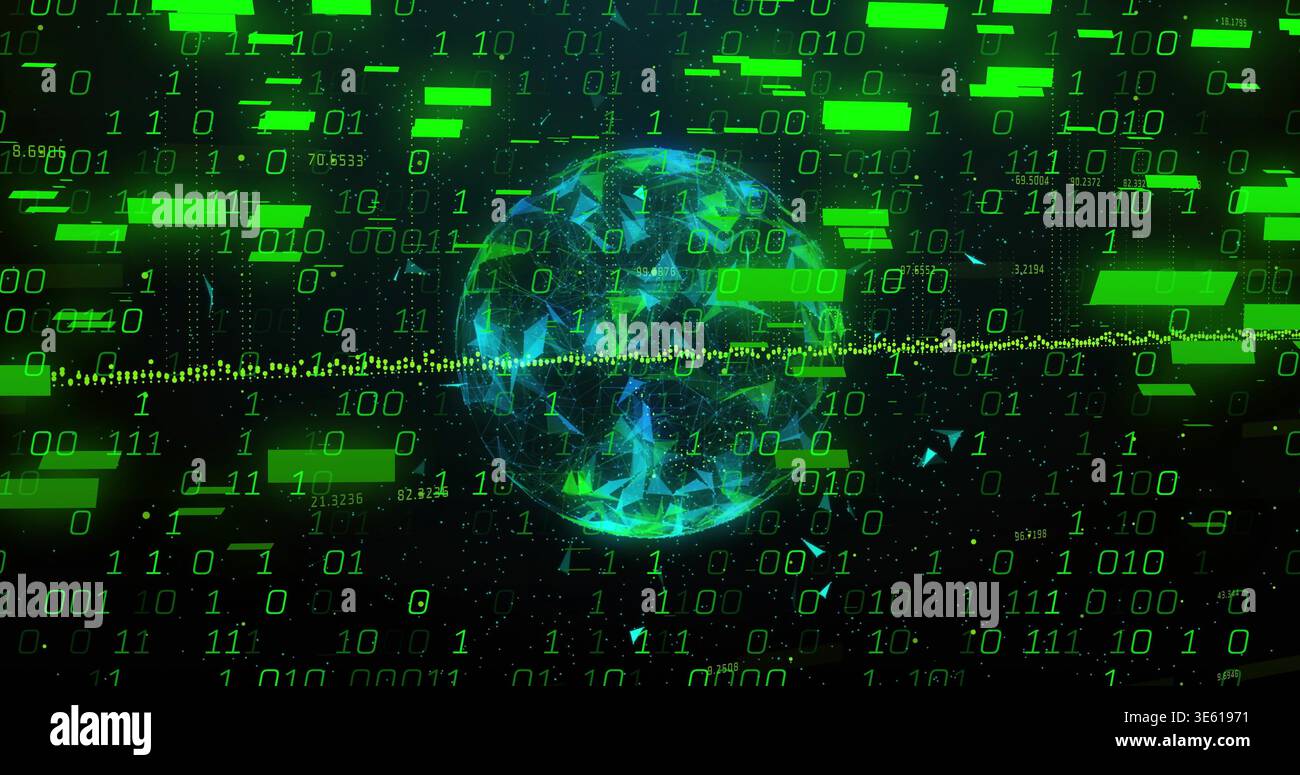 Rotating central digital globe glowing in virtual cyberspace, with binary digits and waveform Stock Photo