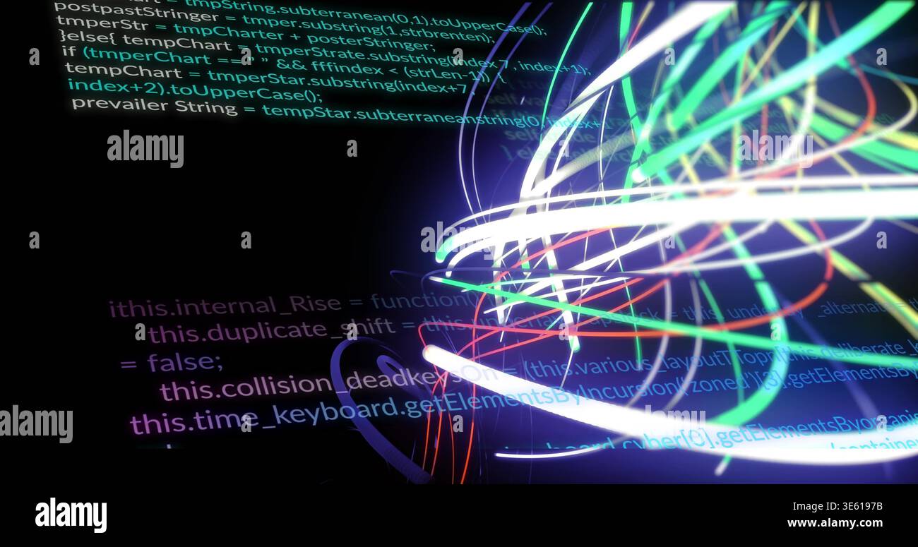 Glowing multicolored neon ribbons looping and intersecting on dark virtual backdrop, with code text Stock Photo