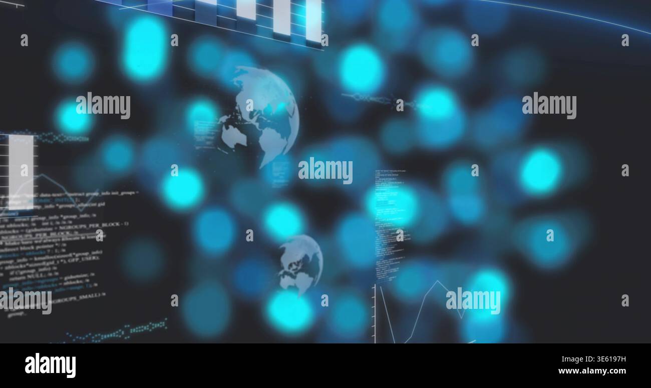 Displaying central teal blue node cluster, code, line chart on dark UI, with globe icons Stock Photo