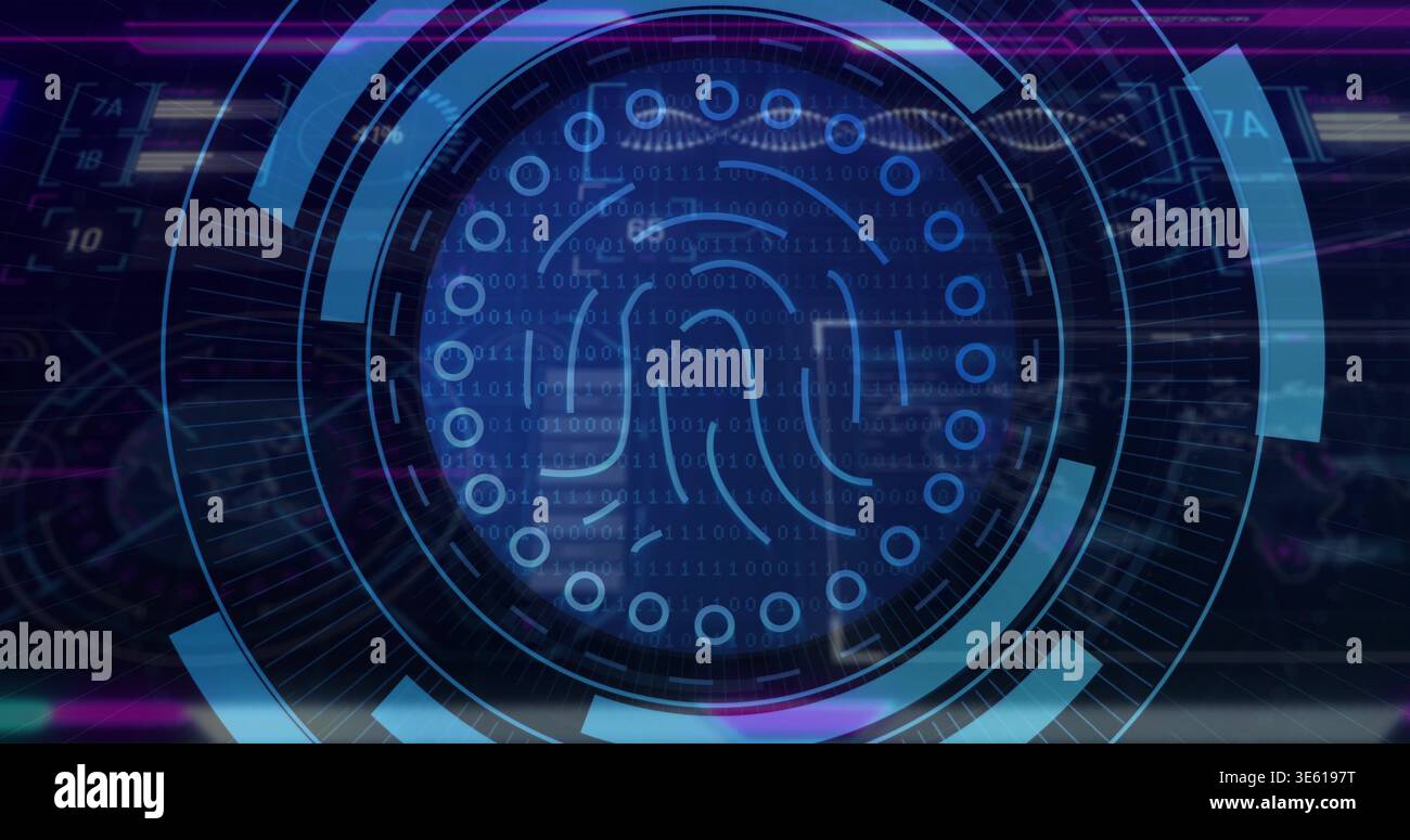 Displaying central fingerprint icon rotating within HUD rings on blue interface, binary nodes Stock Photo
