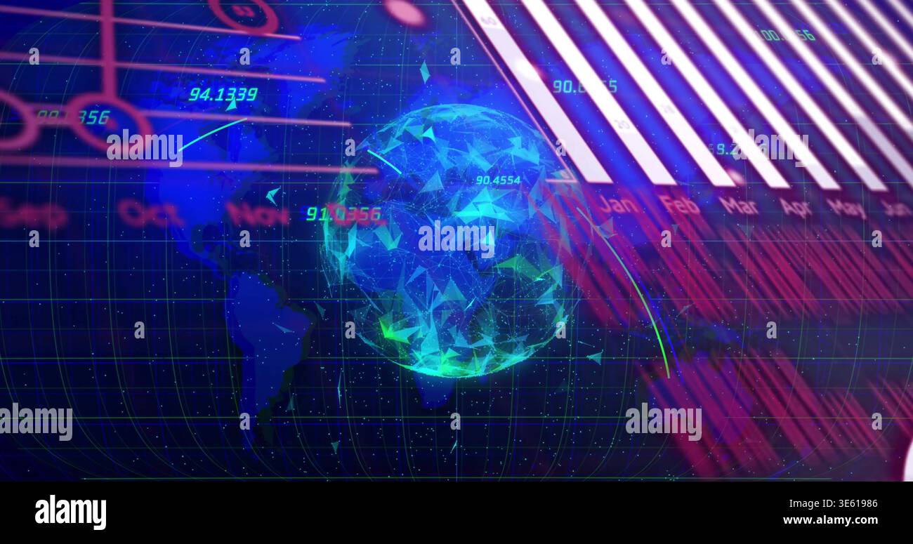 Rotating digital low-poly globe glowing within virtual HUD, showing bar chart, numeric overlays Stock Photo