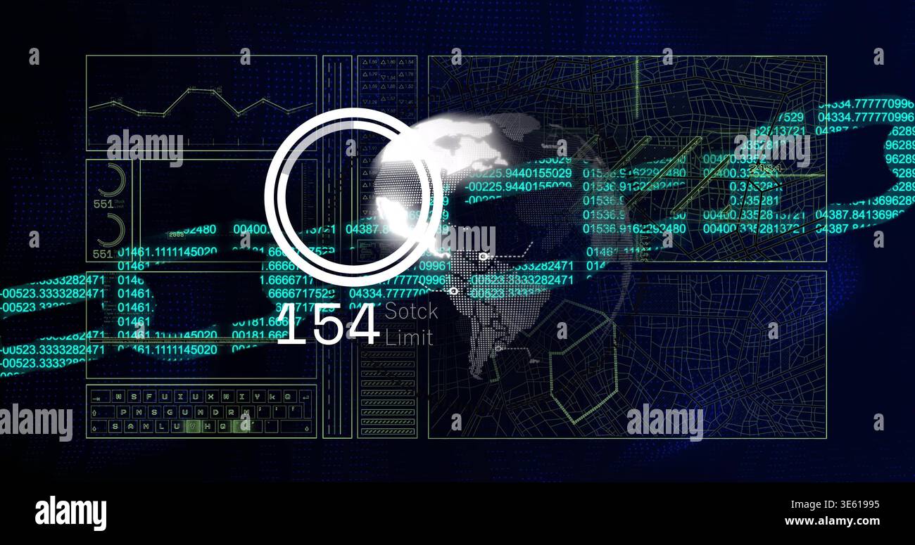 Displaying central dotted globe with white HUD ring and streaming numeric data on digital dashboard Stock Photo