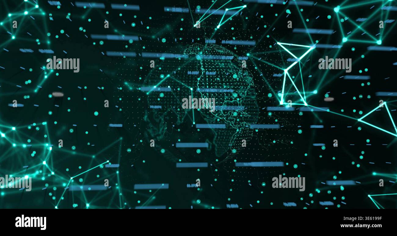 Rotating dotted wireframe globe pulsing in virtual network, with glowing nodes and data bars Stock Photo