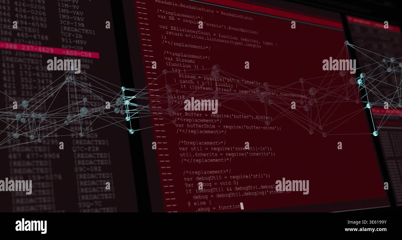 Displaying central code panel showing monospaced JS source in dark workspace with teal node graph Stock Photo