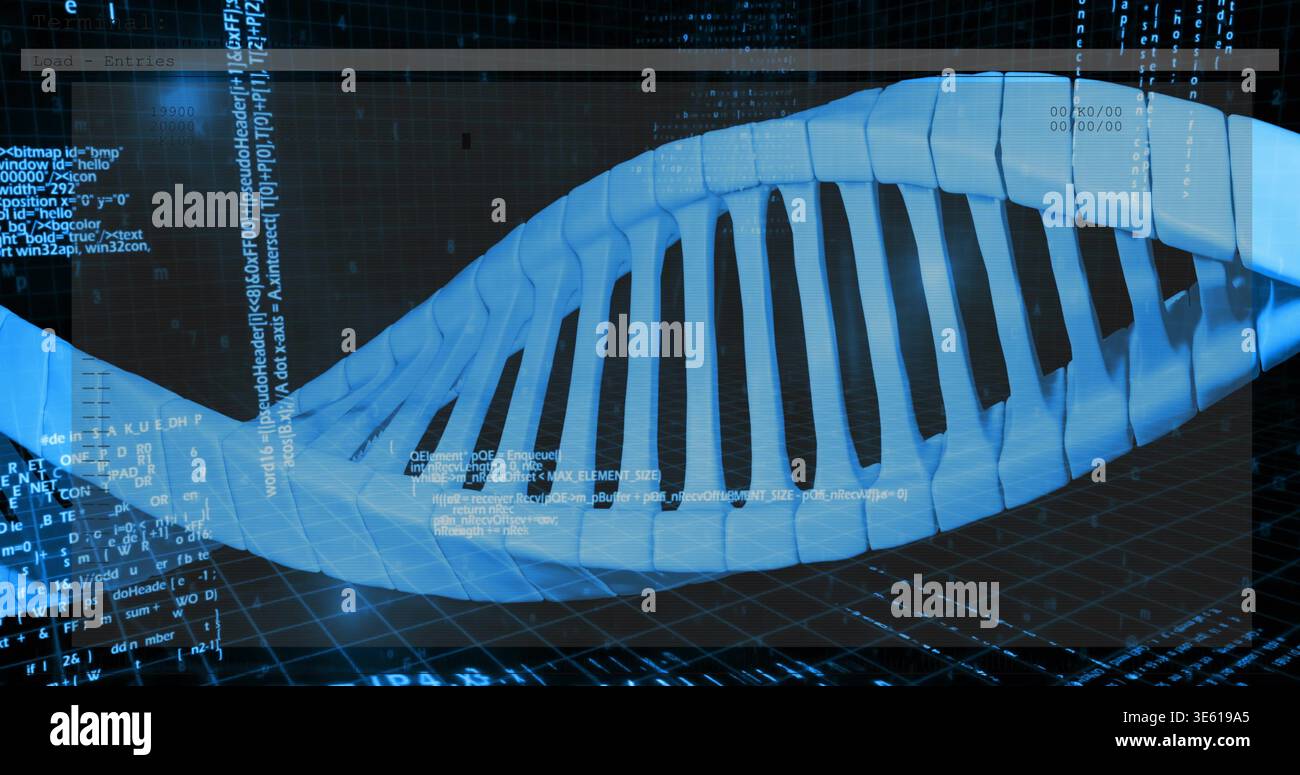 Rotating 3D DNA double helix glowing in virtual lab, displaying code overlays, grid plane Stock Photo