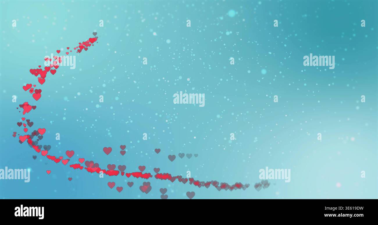 Curving trail of red and dark gray hearts sweeping on teal aqua gradient, showing bokeh speckles Stock Photo