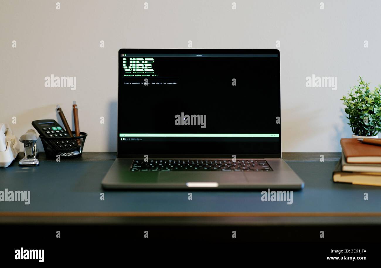 Middle Aged Man Turns Hacker in Hoodie After Using Vibe Coding Command Line Interface Artificial Intelligence Large Language Model Assistant Concept Stock Photo