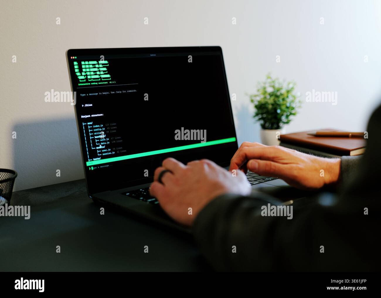 Middle Aged Man Turns Hacker in Hoodie After Using Vibe Coding Command Line Interface Artificial Intelligence Large Language Model Assistant Concept Stock Photo