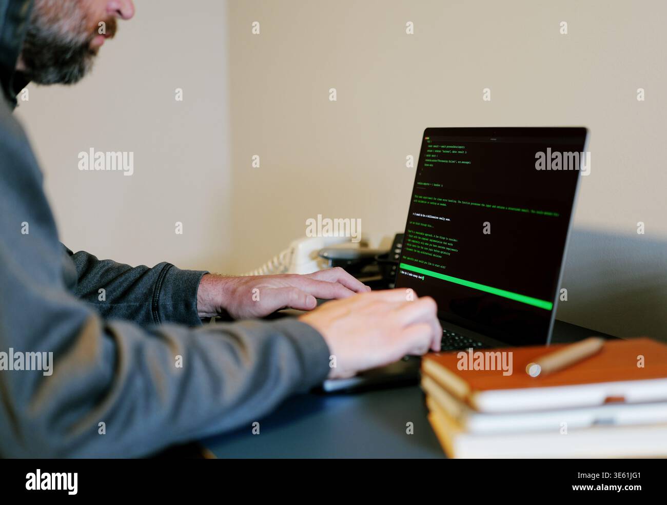 Middle Aged Man Turns Hacker in Hoodie After Using Vibe Coding Command Line Interface Artificial Intelligence Large Language Model Assistant Concept Stock Photo
